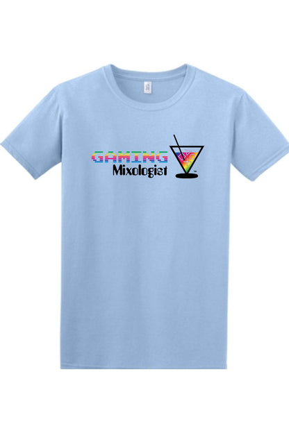 Light blue cotton crewneck t-shirt featuring a rainbow pixelated Gaming Mixologist logo with a martini glass icon.