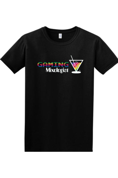 Black cotton t-shirt featuring a rainbow Gaming Mixologist graphic with a gaming-themed martini glass icon.