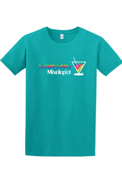 Teal cotton crewneck t-shirt featuring a rainbow pixelated Gaming Mixologist logo and a martini glass graphic.