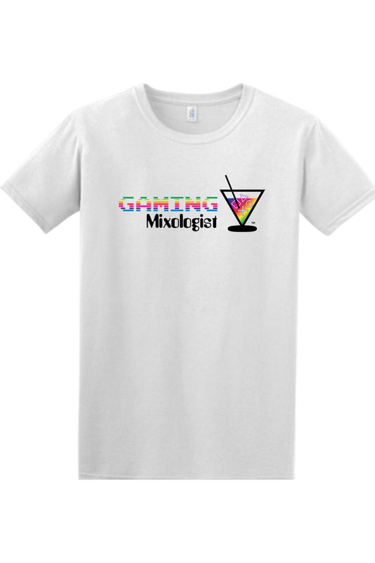 White cotton t-shirt featuring a rainbow Gaming Mixologist graphic with a cocktail glass and gaming controller icons.
