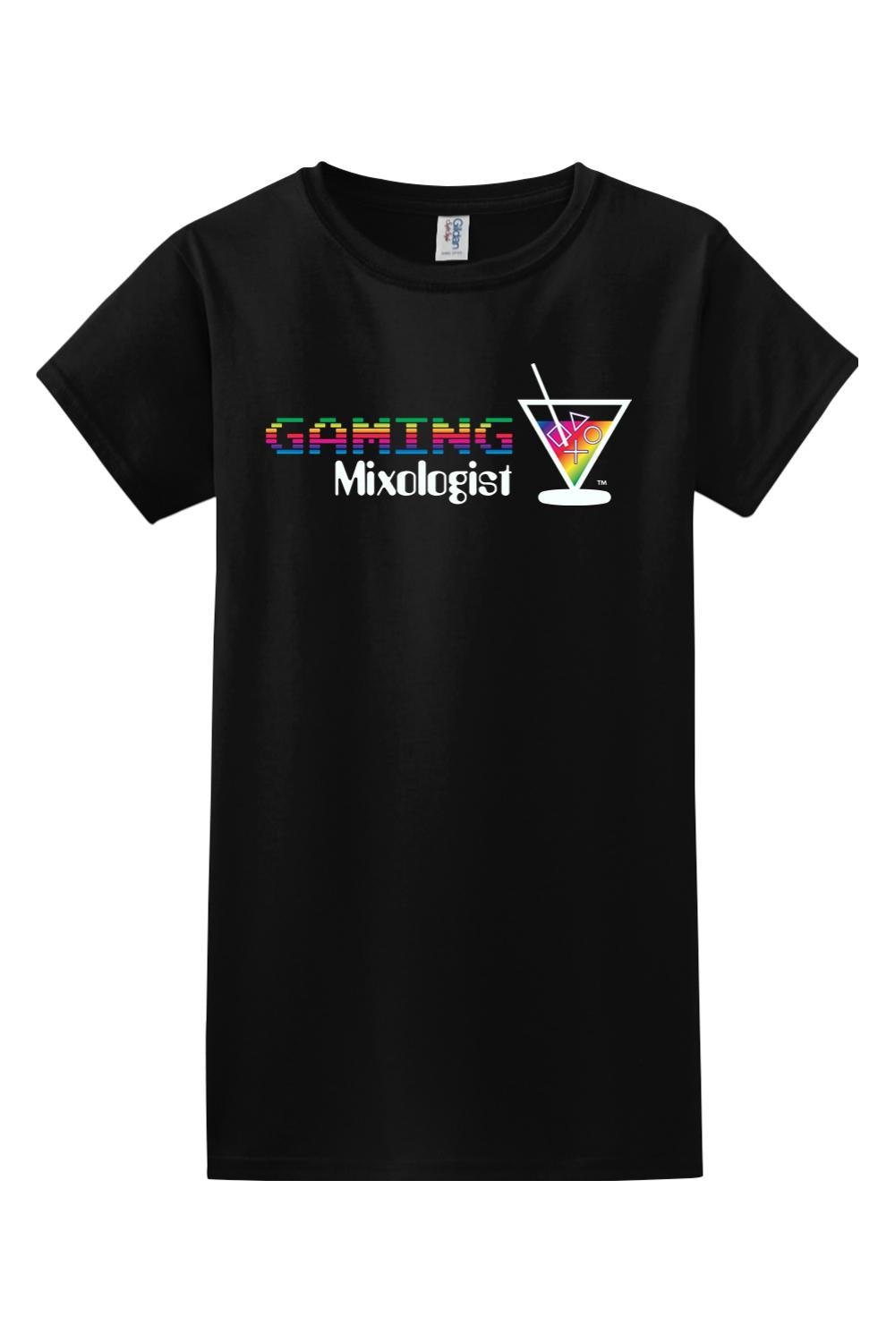 Black women's cotton t-shirt featuring a colorful Gaming Mixologist graphic with a martini glass and controller icons.