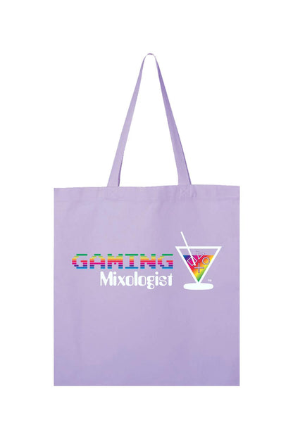 Light purple canvas tote bag featuring a rainbow Gaming Mixologist logo and a martini glass with gaming icons.