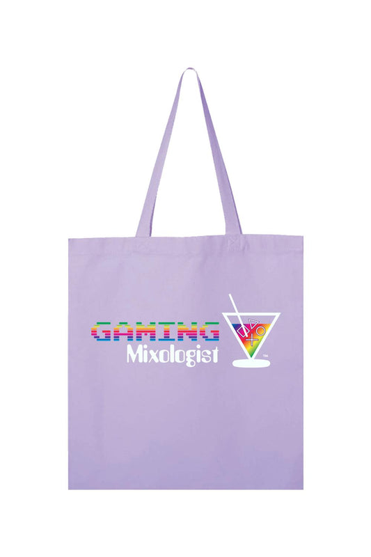 Light purple canvas tote bag featuring a rainbow Gaming Mixologist logo and a martini glass with gaming icons.