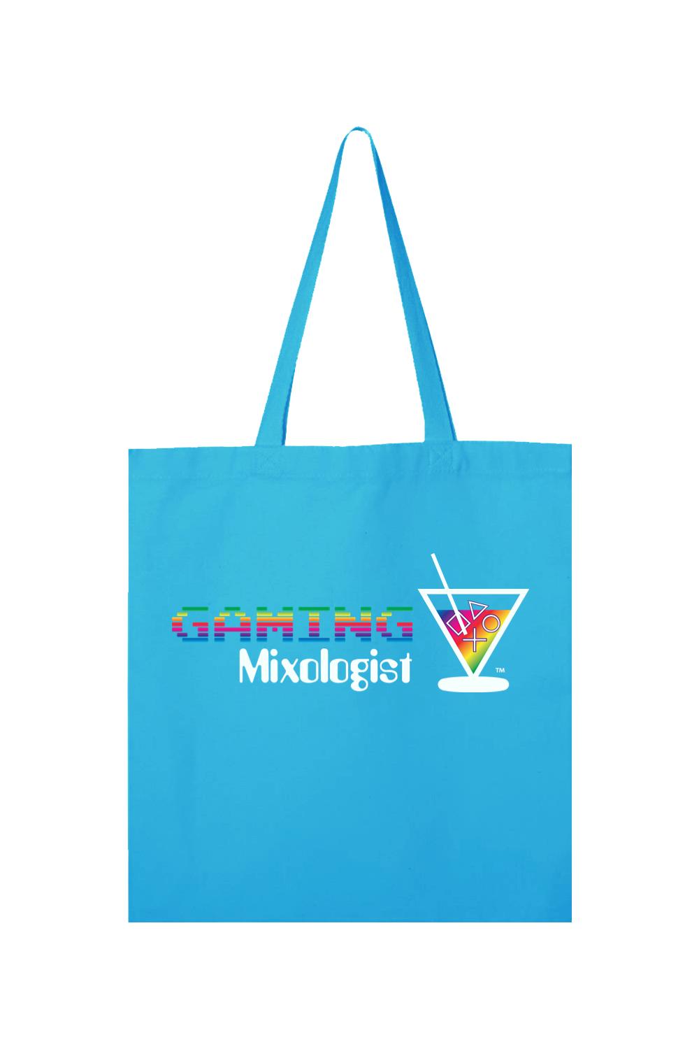Bright blue canvas tote bag featuring a rainbow-colored Gaming Mixologist logo and a martini glass with gaming icons.