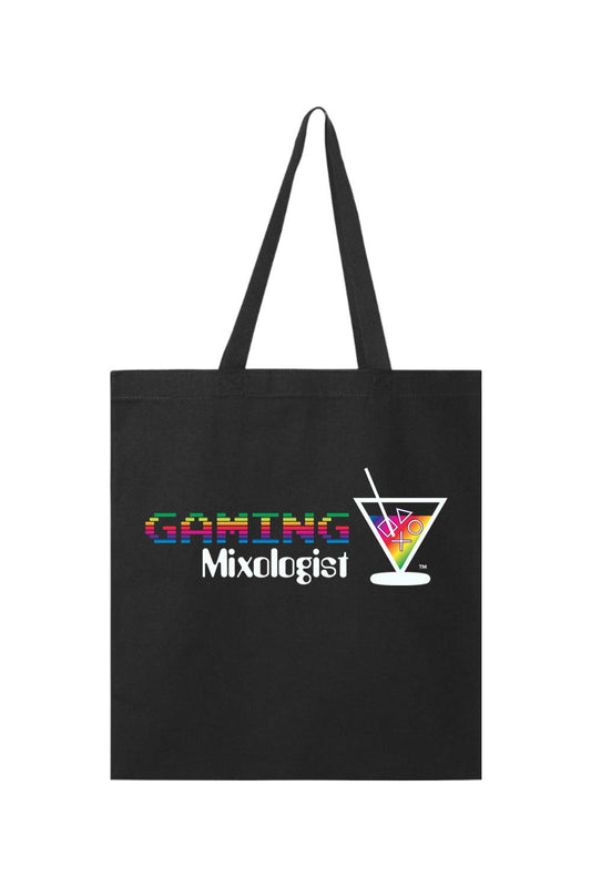 Black canvas tote bag featuring a colorful pixelated Gaming Mixologist logo and a martini glass with gaming icons.