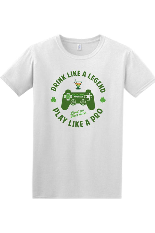 White relaxed fit cotton t-shirt featuring a green Gaming Mixologist St. Patrick's Day graphic with a controller.