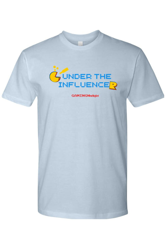 Light blue cotton crewneck t-shirt featuring a yellow pixelated gaming graphic and Under the Influencer text.