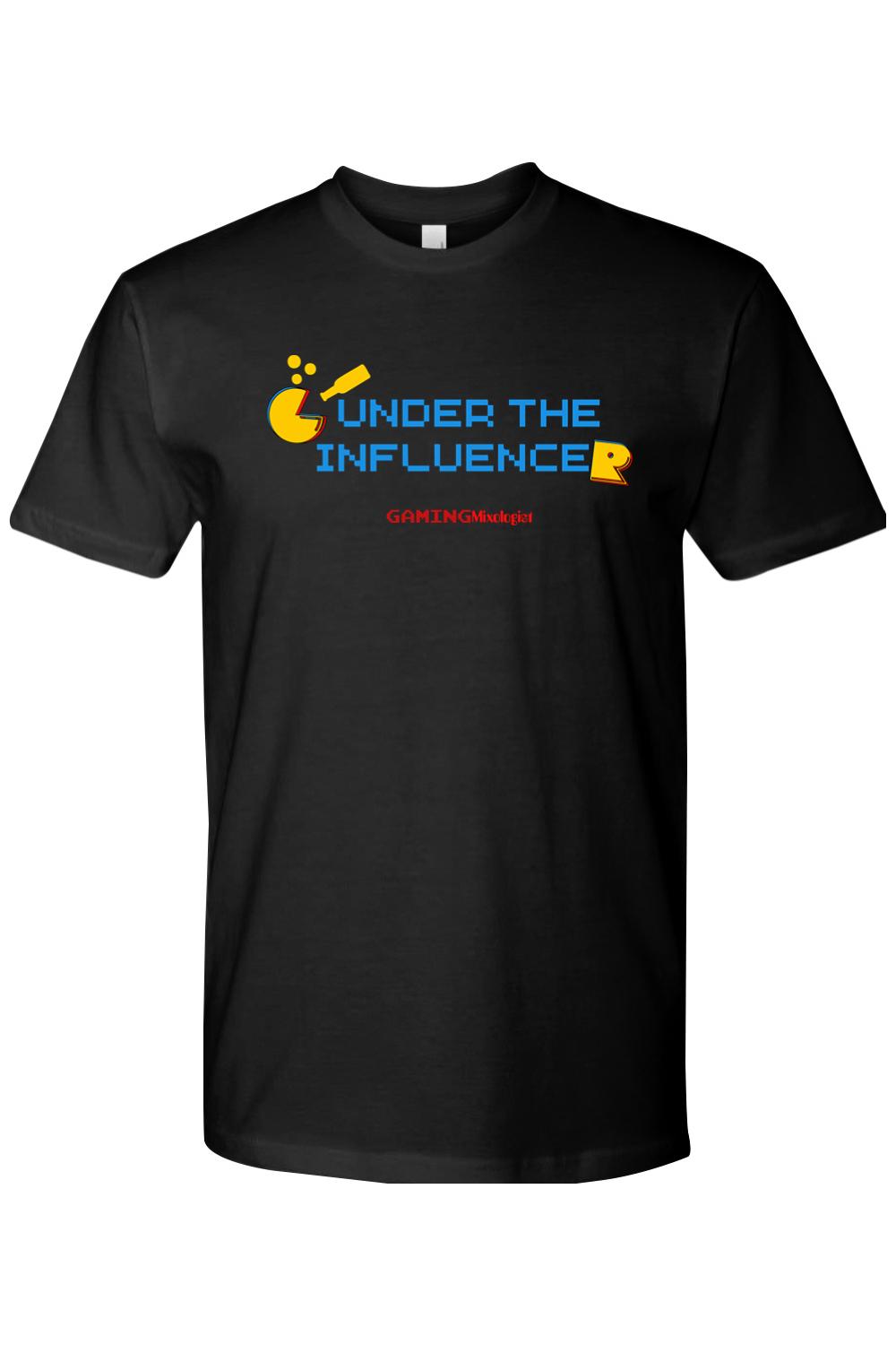 Black cotton t-shirt featuring a yellow gaming-inspired graphic and the text Under the InfluenceR in blue and yellow.