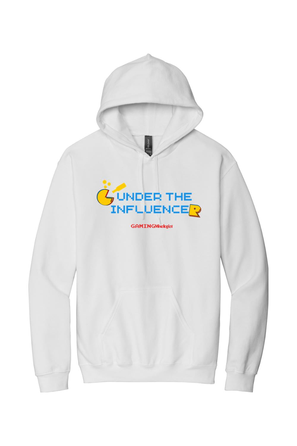 White pullover hoodie featuring a blue pixelated Under the Influencer graphic and Gaming Mixologist logo.