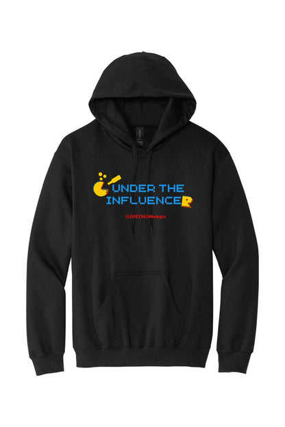 Black pullover hoodie with a yellow and blue Under the Influence graphic and Gaming Mixologist logo on the chest.