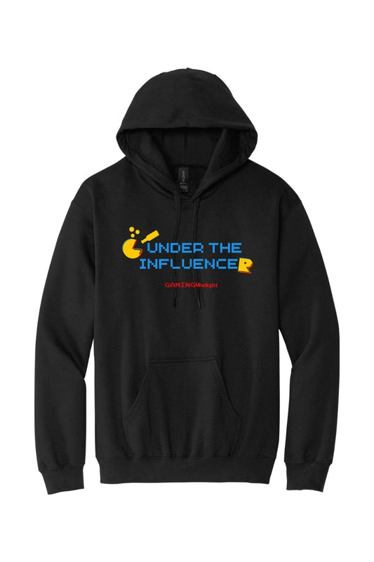 Black pullover hoodie with a yellow and blue Under the Influence graphic and Gaming Mixologist logo on the chest.