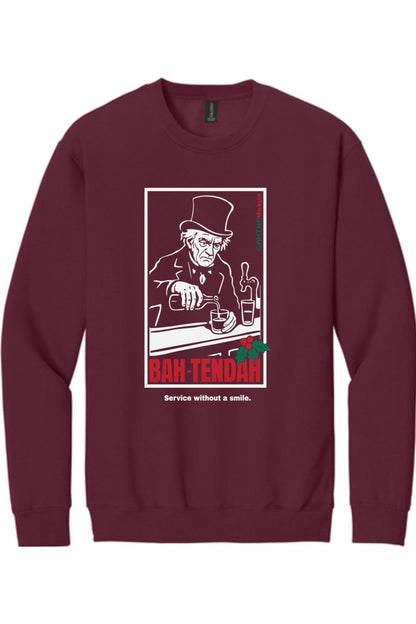 Maroon crewneck sweatshirt featuring a graphic of a grumpy bartender in a top hat with the text BAH-TENDAH.