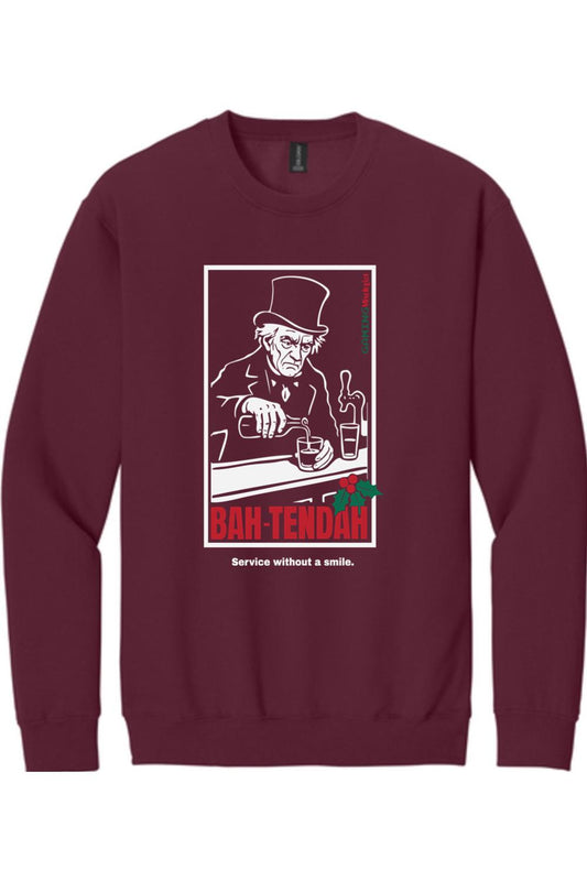 Maroon crewneck sweatshirt featuring a graphic of a grumpy bartender in a top hat with the text BAH-TENDAH.