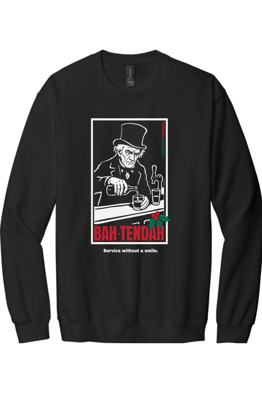 Black Gildan crewneck sweatshirt featuring a Scrooge-style BAH-TENDAH graphic with holiday holly accents.