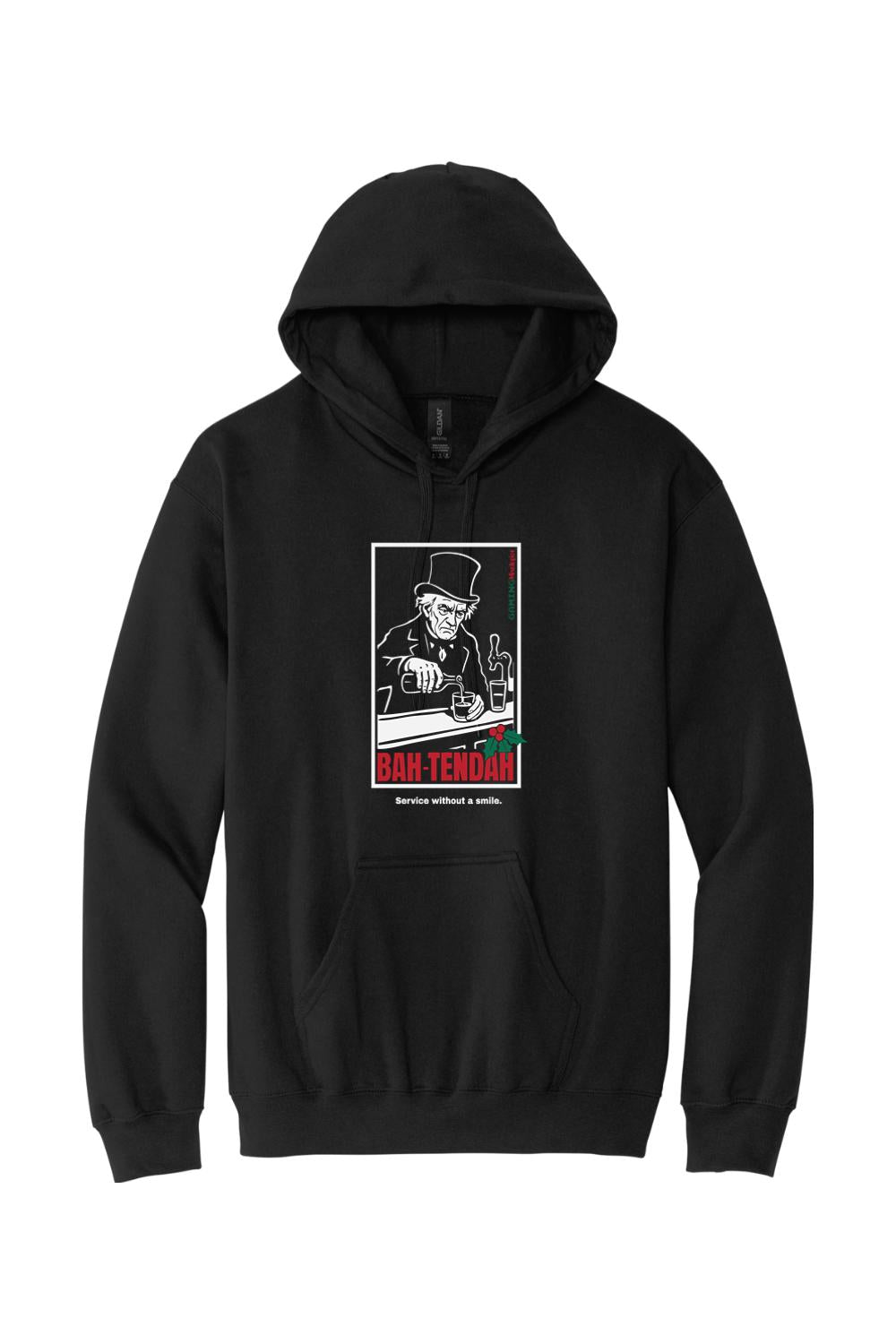 Black Gildan Softstyle pullover hoodie featuring a graphic of a grumpy bartender with the text BAH-TENDAH.