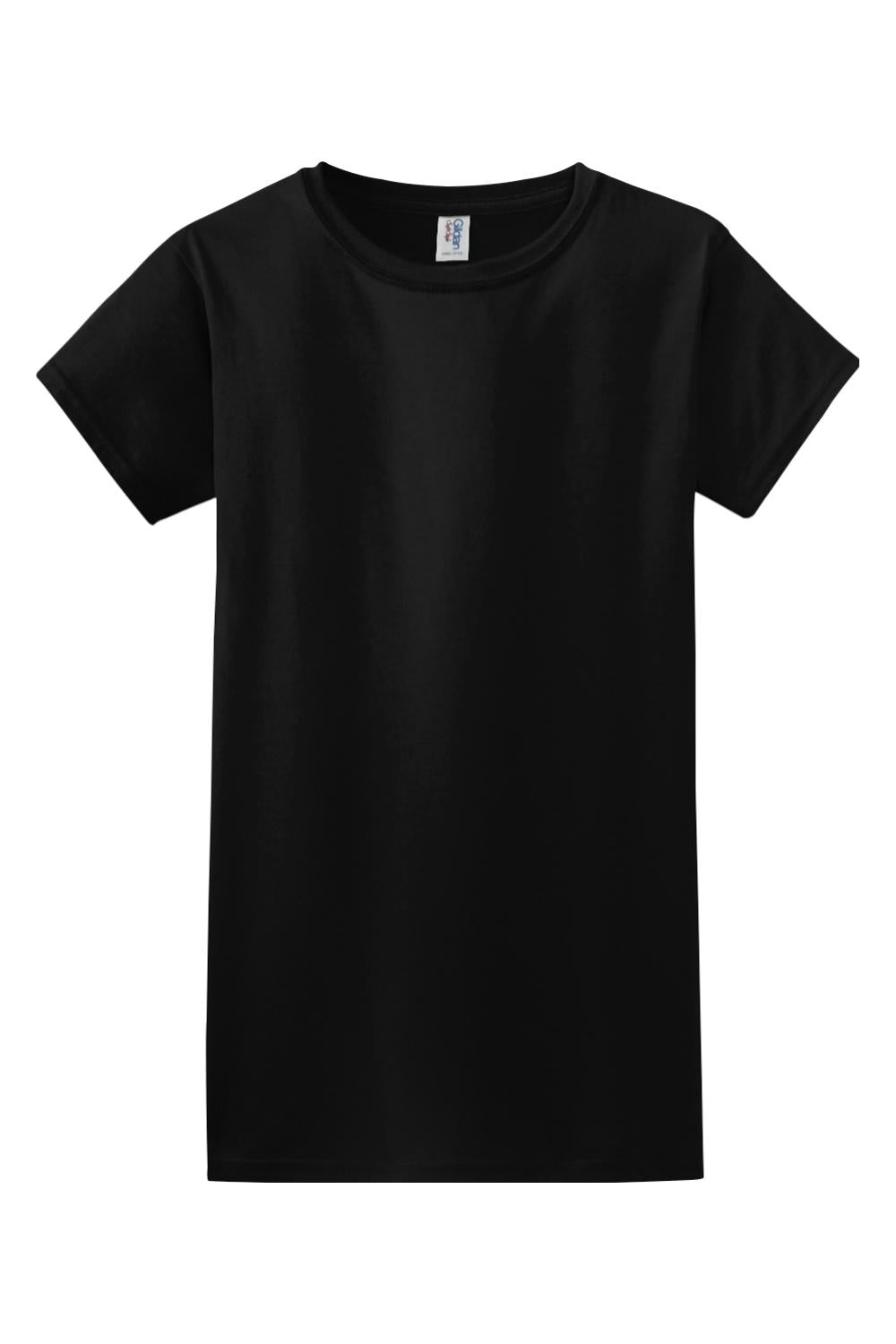 Black Gildan Softstyle ladies' short-sleeve crew neck t-shirt made from a soft, breathable cotton-poly blend.