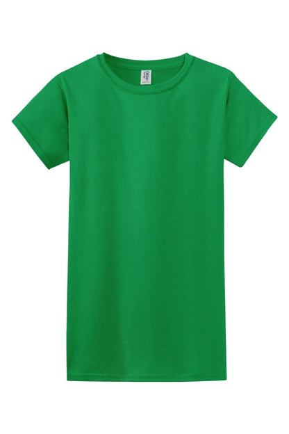 Bright green Gildan Softstyle ladies' crew neck t-shirt in a soft, breathable cotton-poly blend with a relaxed fit.