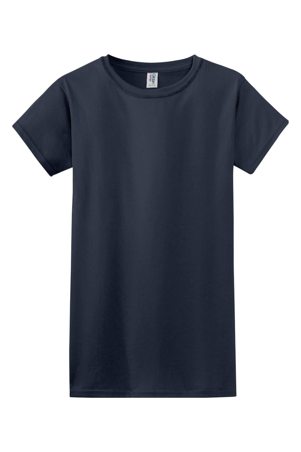 Navy blue Gildan Softstyle ladies' crew neck t-shirt in a soft, breathable cotton-poly blend with a relaxed fit.