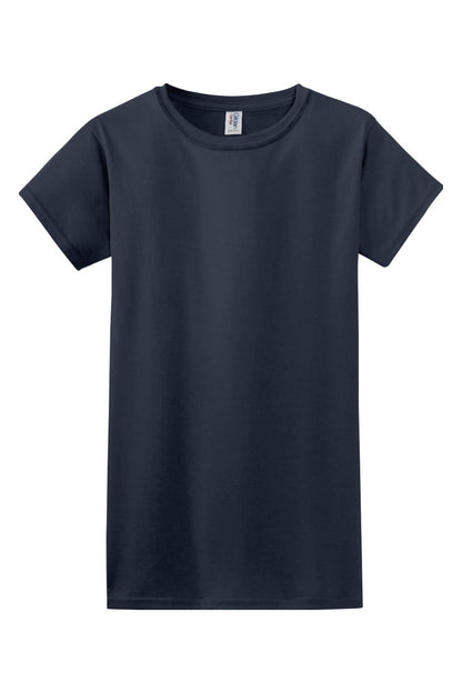 Navy blue Gildan Softstyle ladies' crew neck t-shirt in a soft, breathable cotton-poly blend with a relaxed fit.