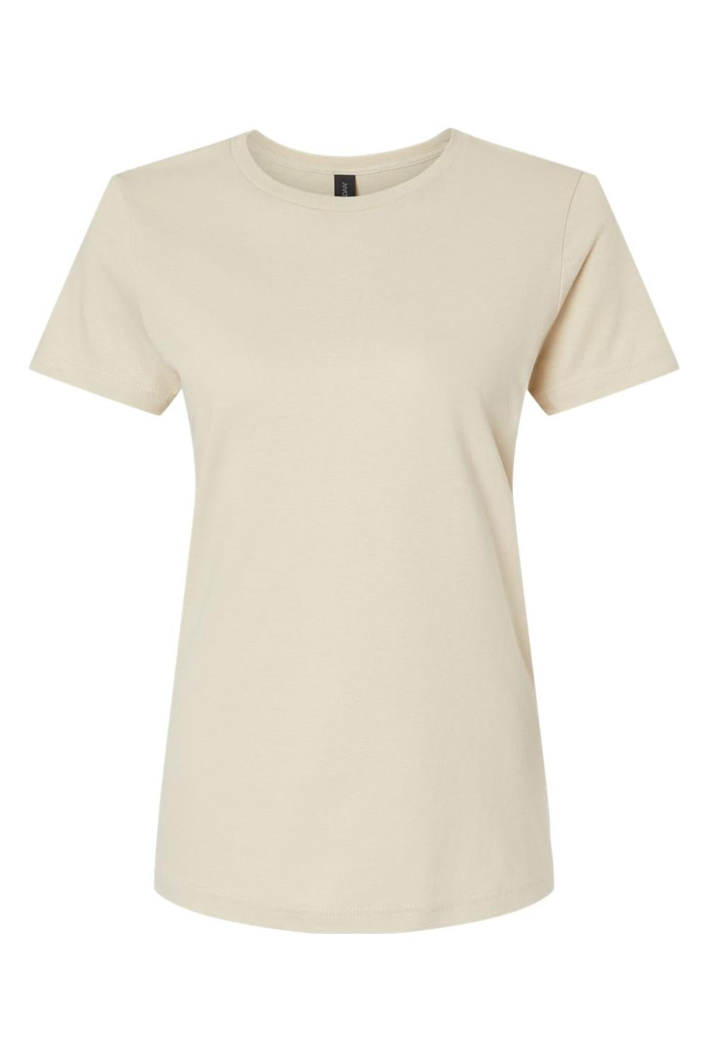Beige Gildan Softstyle ladies' crew neck t-shirt in a soft, breathable cotton-poly blend with a relaxed fit.