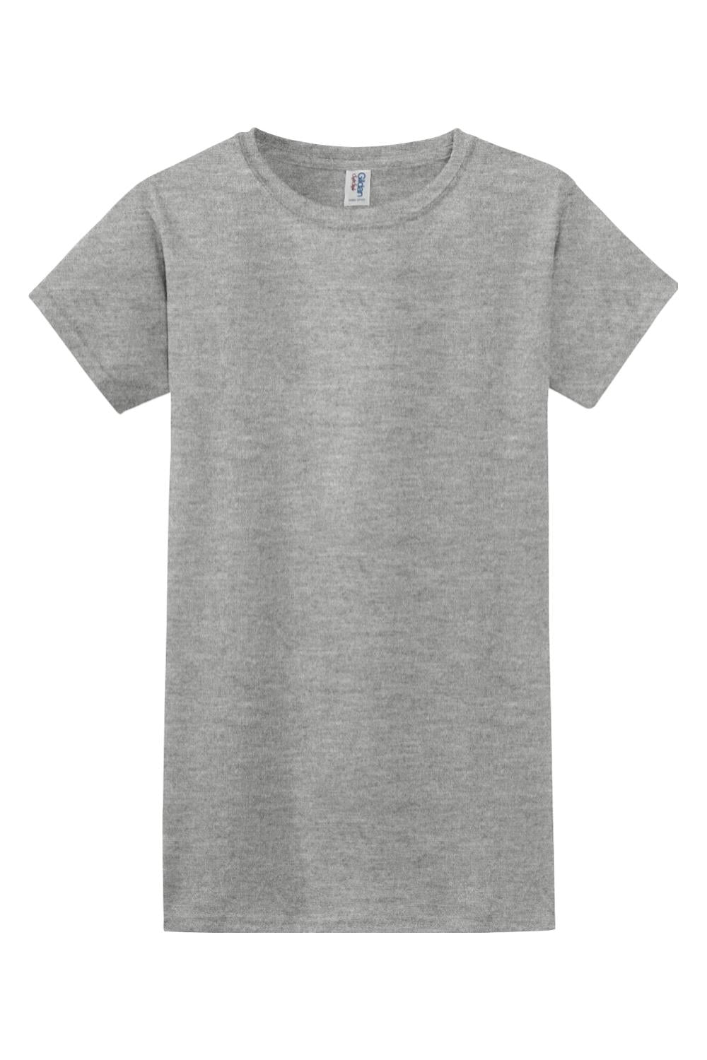 Grey Gildan Softstyle ladies' short-sleeve crewneck t-shirt in a soft, breathable cotton-poly blend fabric.