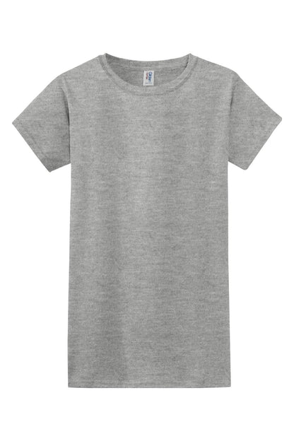 Grey Gildan Softstyle ladies' short-sleeve crewneck t-shirt in a soft, breathable cotton-poly blend fabric.