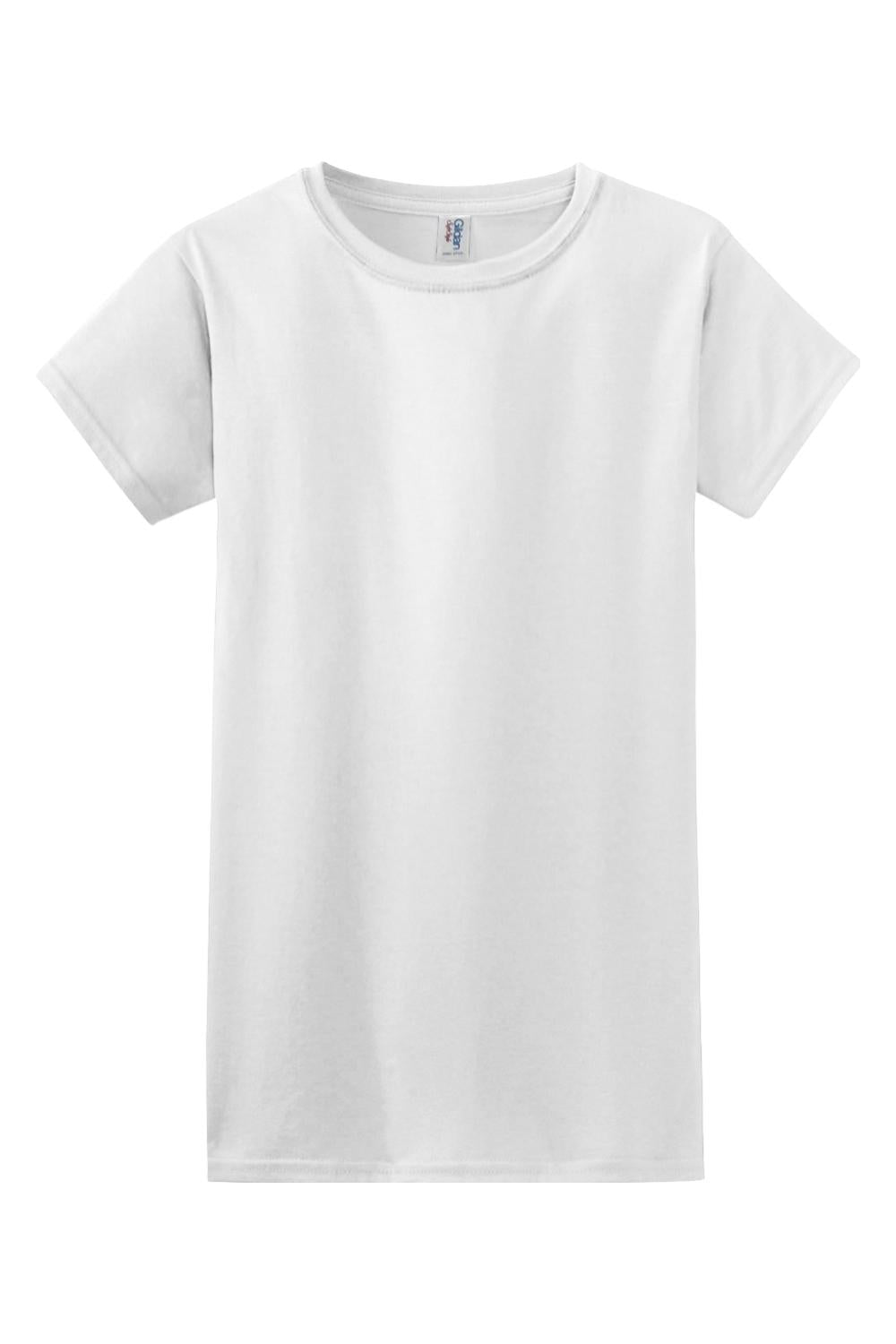 White Gildan Softstyle ladies' crew neck t-shirt in a soft, breathable cotton-poly blend with a relaxed fit.