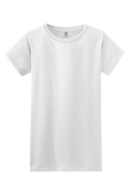 White Gildan Softstyle ladies' crew neck t-shirt in a soft, breathable cotton-poly blend with a relaxed fit.