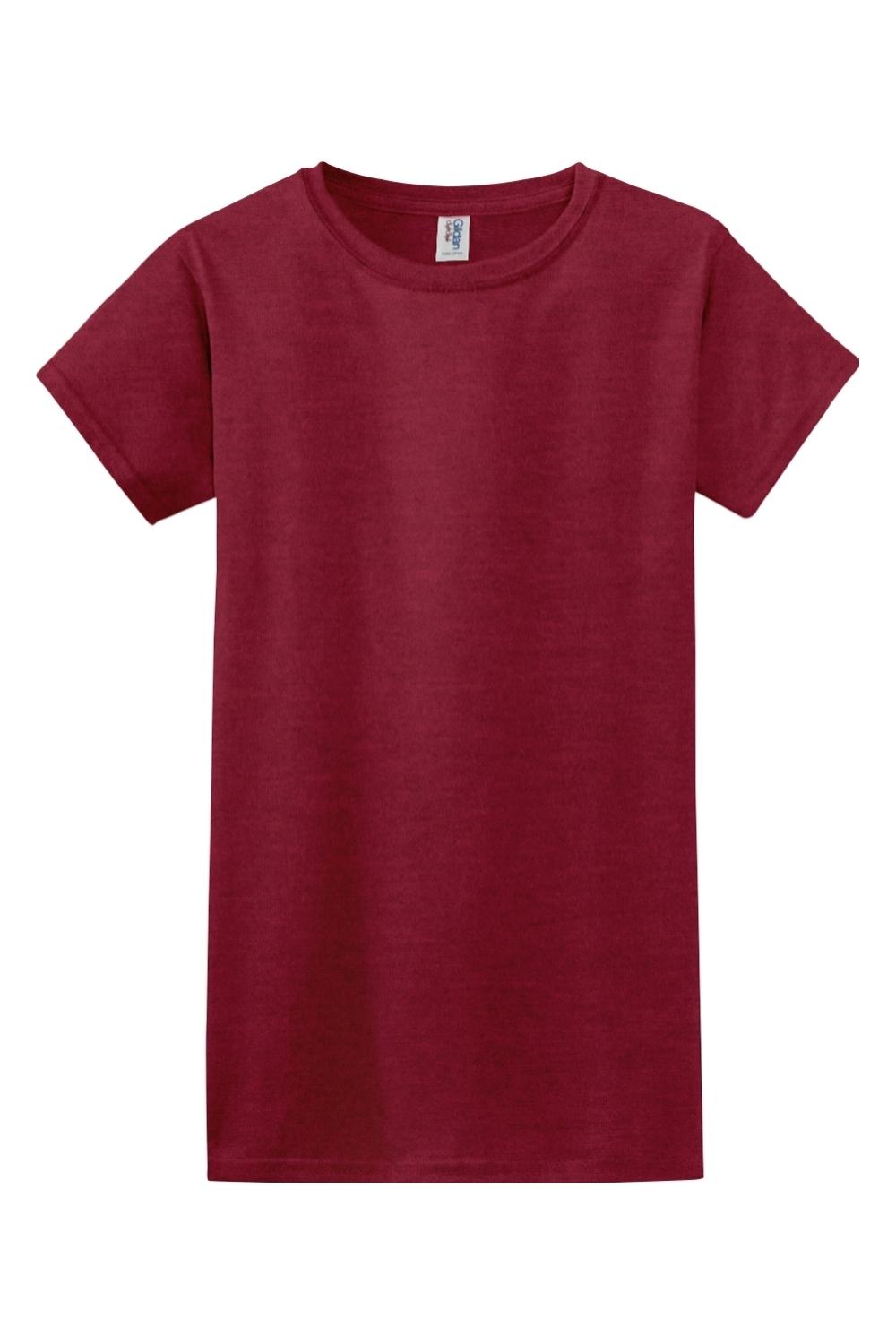 Gildan Softstyle ladies' maroon crew neck t-shirt in a soft, breathable cotton-poly blend with a classic relaxed fit.