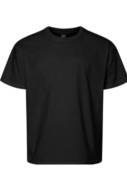 Black Gildan Youth Softstyle tagless t-shirt with a classic crew neck and comfortable cotton blend fabric.