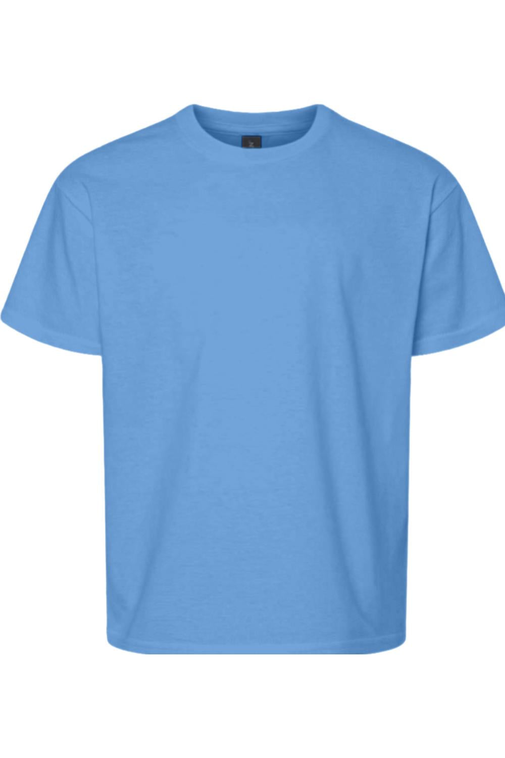 Light blue Gildan youth softstyle crew neck t-shirt in a comfortable, relaxed cotton blend fit.