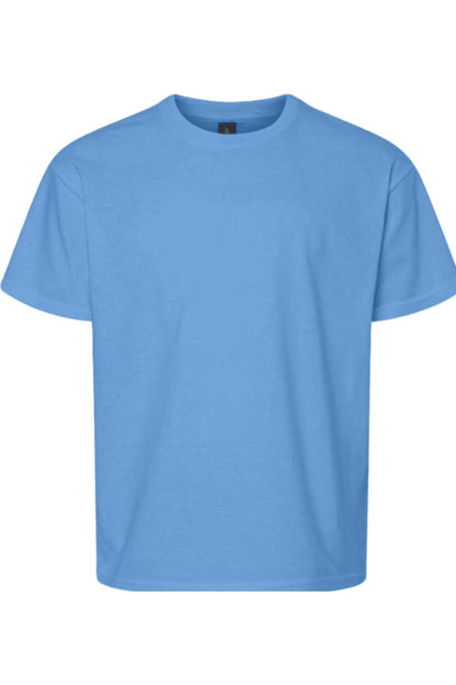 Light blue Gildan youth softstyle crew neck t-shirt in a comfortable, relaxed cotton blend fit.