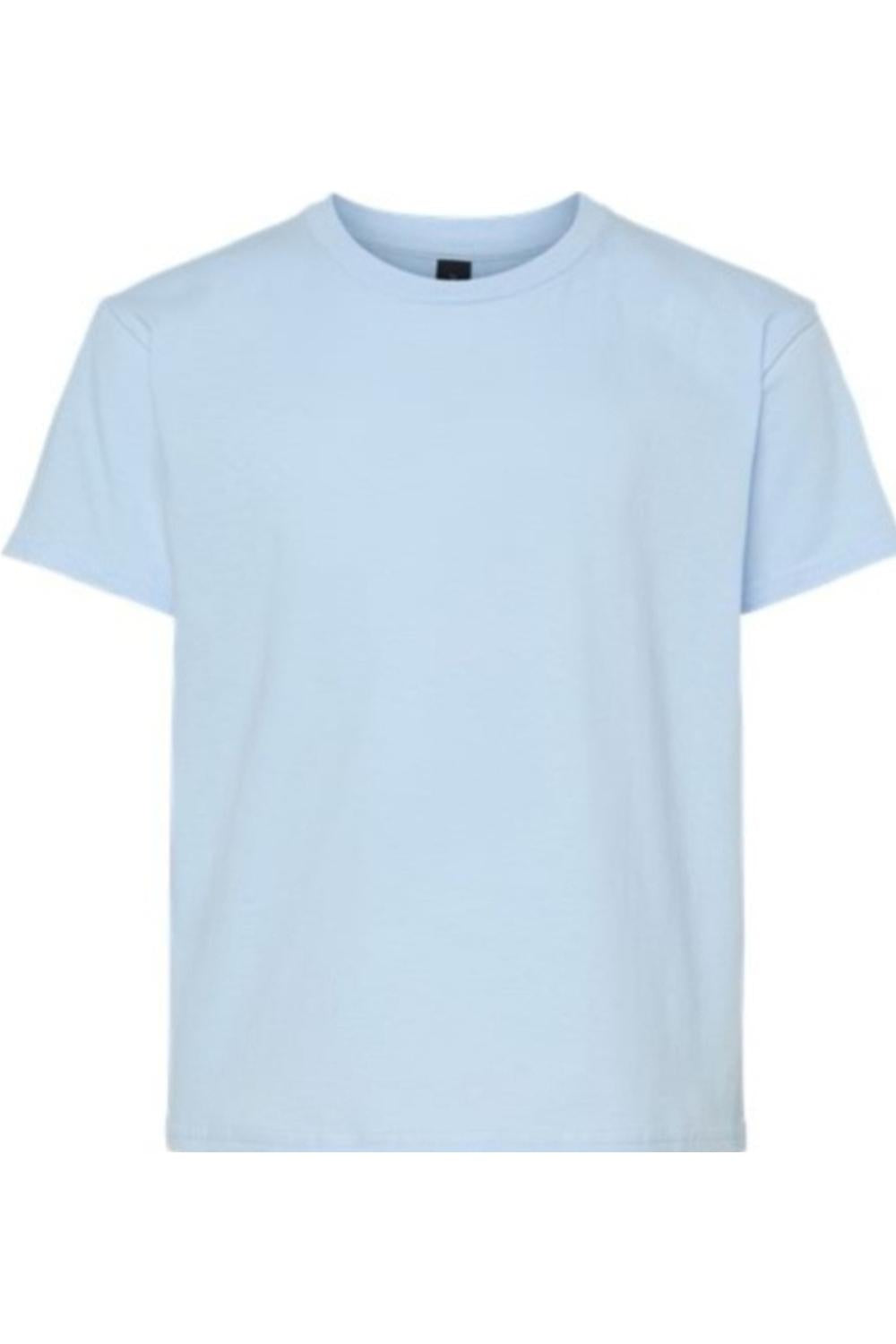 Light blue Gildan Youth Softstyle t-shirt with a classic crew neck, short sleeves, and a soft, tagless cotton-blend fabric.