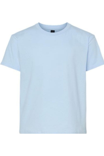 Light blue Gildan Youth Softstyle t-shirt with a classic crew neck, short sleeves, and a soft, tagless cotton-blend fabric.