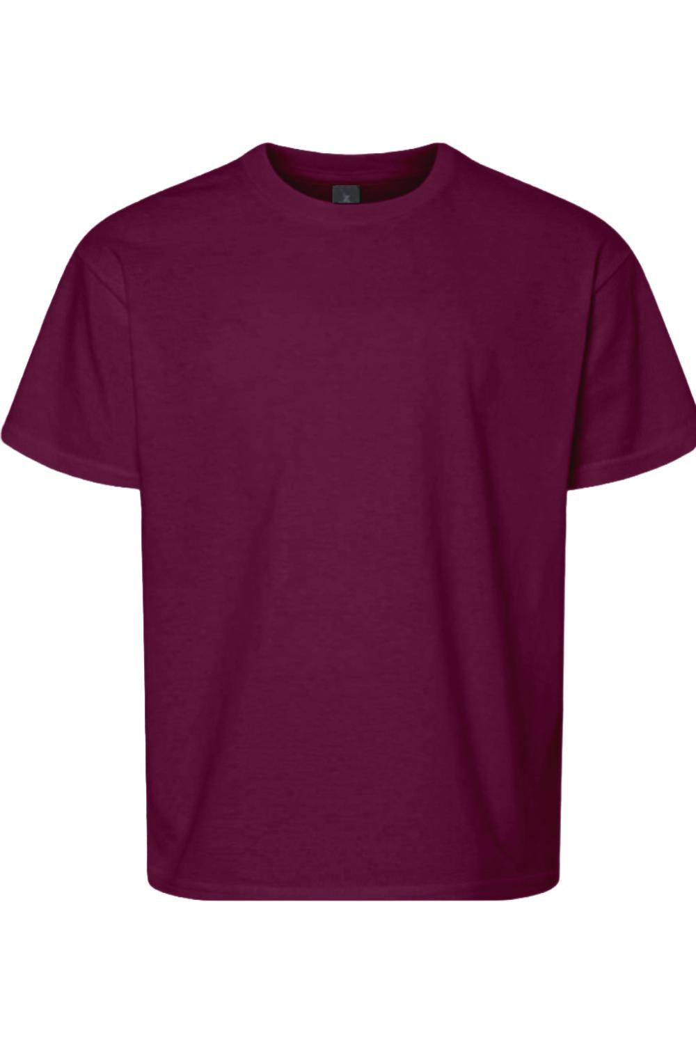 Maroon Gildan Youth Softstyle short-sleeve t-shirt with a classic crew neck and comfortable tagless design.