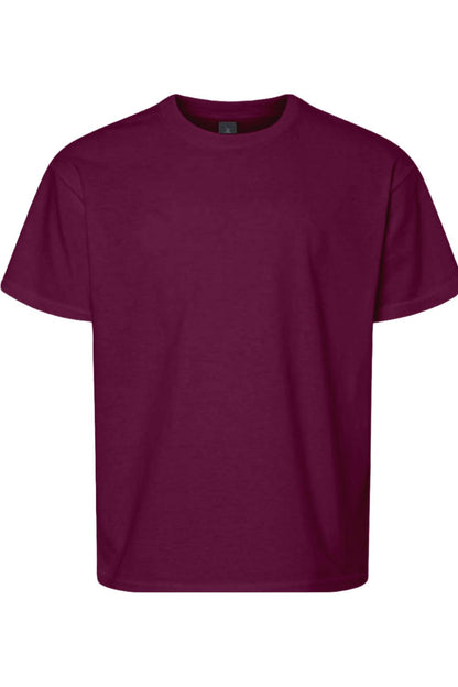 Maroon Gildan Youth Softstyle short-sleeve t-shirt with a classic crew neck and comfortable tagless design.