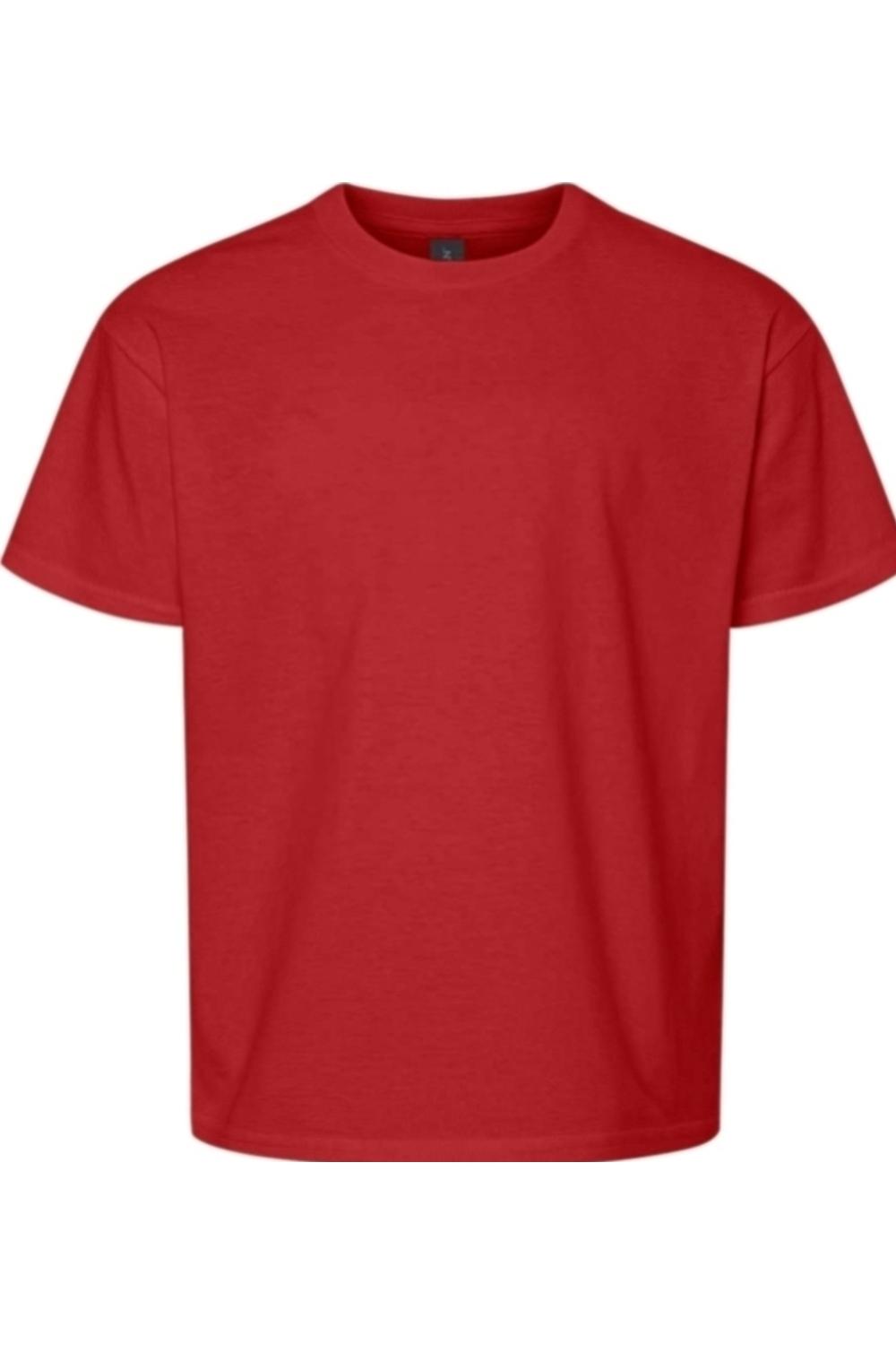 Red Gildan Youth Softstyle t-shirt featuring a classic crew neck, short sleeves, and a comfortable, tagless cotton design.
