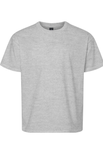 Light grey Gildan youth softstyle t-shirt with a classic crew neck, short sleeves, and a comfortable, relaxed fit.