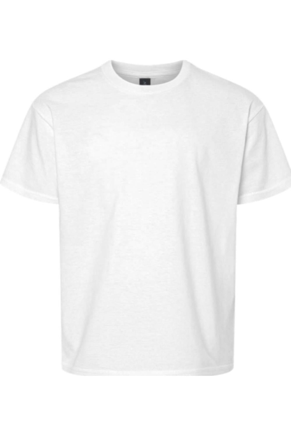 Plain white Gildan youth softstyle crew neck t-shirt with a tagless design and comfortable cotton blend fabric.