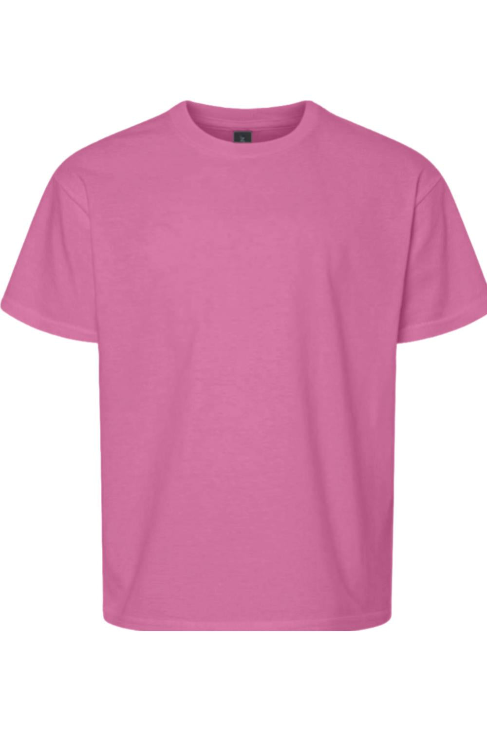 Pink Gildan Youth Softstyle t-shirt with a classic crew neck, short sleeves, and a tagless design for comfort.