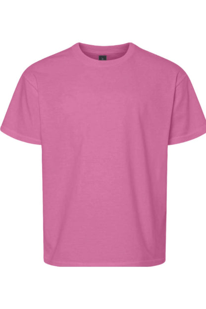 Pink Gildan Youth Softstyle t-shirt with a classic crew neck, short sleeves, and a tagless design for comfort.
