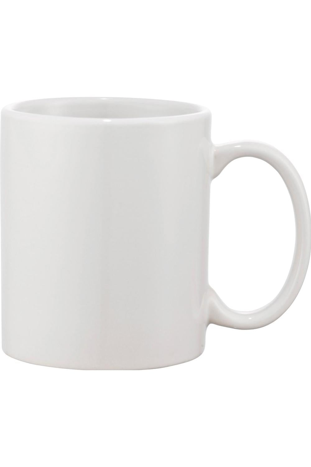 Simple white 11oz ceramic coffee mug with a smooth, classic handle and clean, minimalist design.