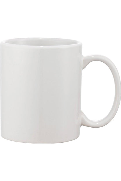 Simple white 11oz ceramic coffee mug with a smooth, classic handle and clean, minimalist design.