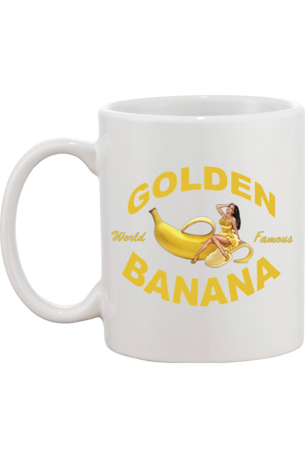 White 11oz ceramic mug featuring a Golden Banana graphic with a pin-up girl and yellow text.