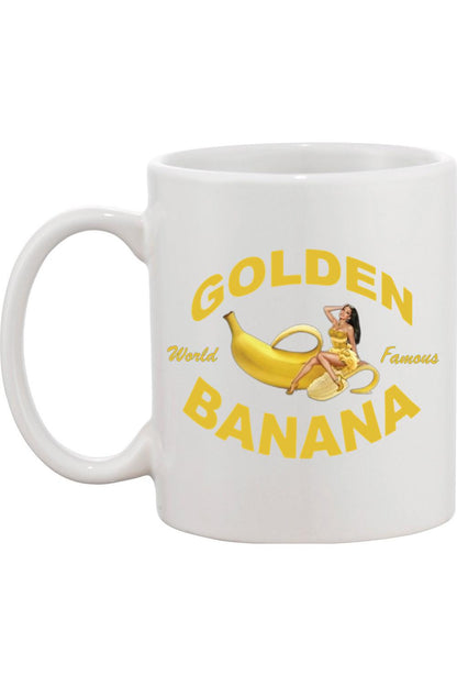 White 11oz ceramic mug featuring a Golden Banana graphic with a pin-up girl and yellow text.