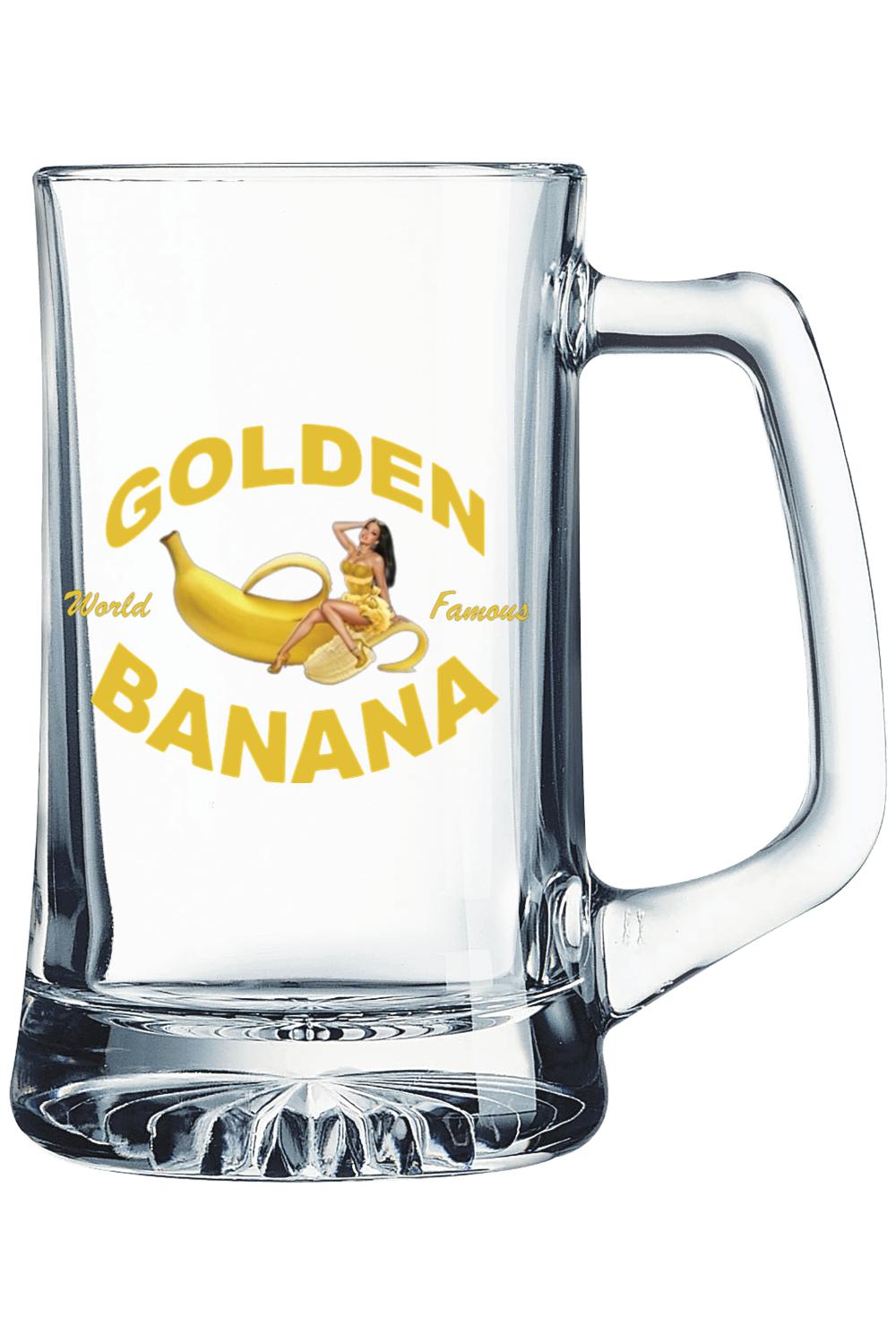 14 oz. clear glass beer mug with a sturdy handle, featuring a yellow Golden Banana logo and pin-up graphic.