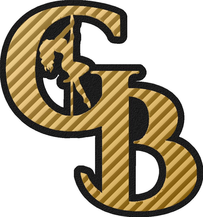 Golden 3D emblem with striped texture featuring a silhouette of a woman on a pole inside the letter G.