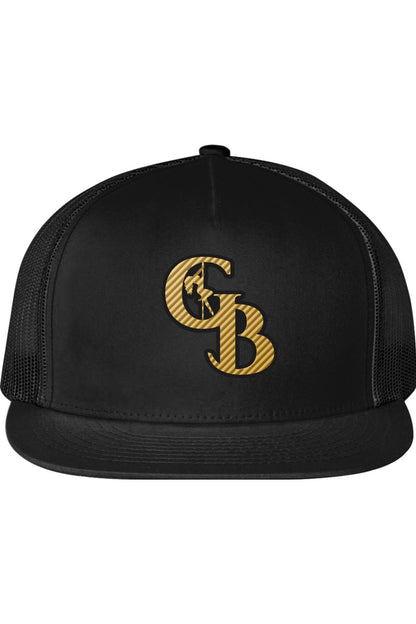 Black flat bill trucker cap featuring a gold 3D striped GB emblem with a silhouette dancer detail.