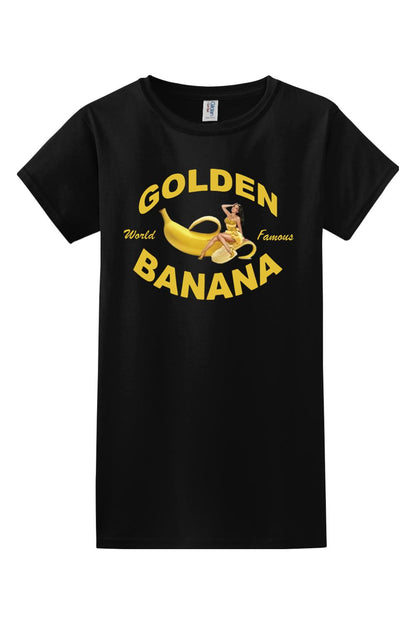 Black 100% cotton women's t-shirt featuring a Golden Banana graphic with a pin-up style woman in yellow.