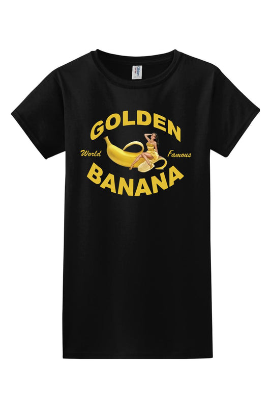 Black 100% cotton women's t-shirt featuring a Golden Banana graphic with a pin-up style woman in yellow.